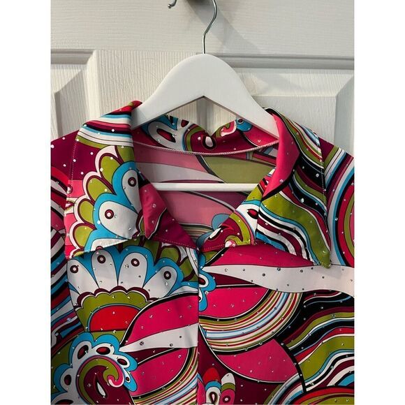 Vintage Style 1970’s Disco Print Crystal Embellished Shirt sz XL - Picture 2 of 5